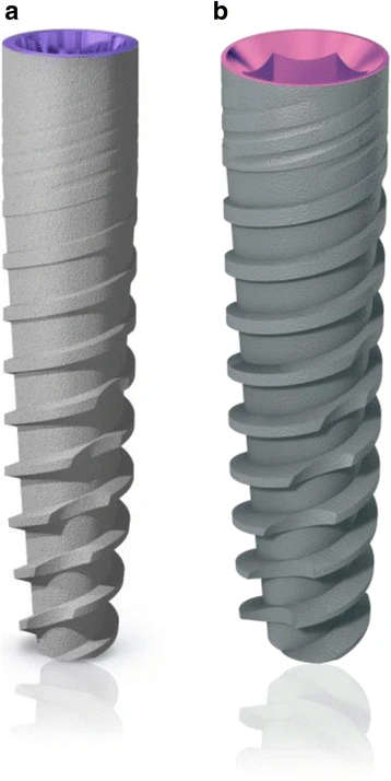 Figure 1. Characteristics of the implants used in the study: a external macro-design of JDIcon Ultra S, 2.75 mm diameter implant and b external macro-design of JDEvolution S, 3.25 mm diameter implant