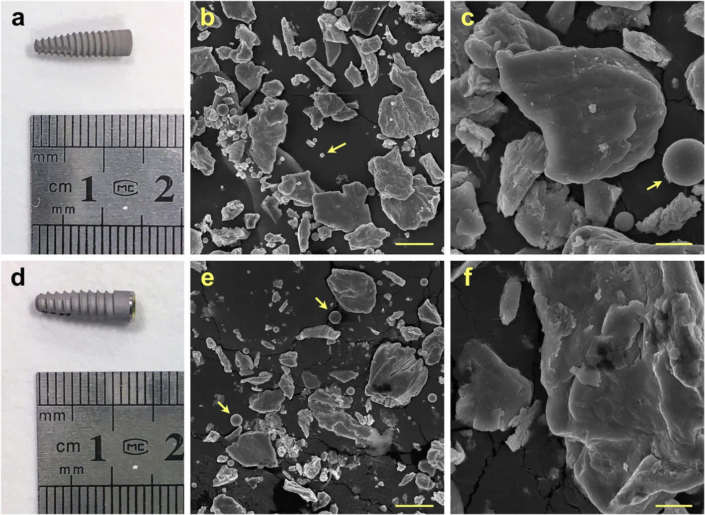 Figure 1. Representative photo of implants and SEM images of particles produced by mock implantoplasty procedure. a–c Straumann 021.4512, bone level, diameter 4.1 mm, regular CrossFit®, SLA® 12 mm Roxolid® (commercially pure grade 4 titanium). d–f Biohorizons PBR 50105, RBT 5.0 × 10.5 mm, 5.7 Platform (grade 5 titanium alloy). Arrows indicate titanium oxide spheres. Scale bar represents 20 and 5 μm for low and high magnification respectively