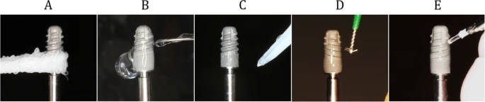 Figure 3. Decontamination methods. a Gauze soaked in saline applied using a sawing motion. b Ultrasonic scaler (SUPRASSON P-MAX, Satelec-Acteon group, Bordeaux, France, power setting: P5, tip: Implant Protect IP3L/R). c Air abrasives (AIR-FLOW MASTER PIEZON®, EMS, Nyon, Switzerland, power setting: water flow 100%, air pressure 75%, powder: AIR-FLOW® PERIO POWDER, nozzle: PERIO-FLOW® nozzles, distance from the nozzle to the implant 2 mm). d Rotary stainless steel instrument (iBrush, NeoBiotech©, Los Angeles, USA, rotating speed 1500 rpm). e Er:YAG laser (Erwin AdvErL, J.Morita©, Kyoto, Japan, power setting 60 mJ/pulse, 10 pps, tip: C600F, distance from the tip to the implant 2 mm)